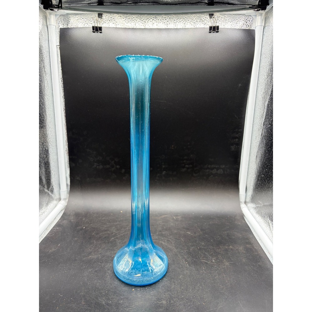 Vintage Blue Iridescent Stretch Glass Bud Vase UV Glow 12 Inch Tall Flared Rim